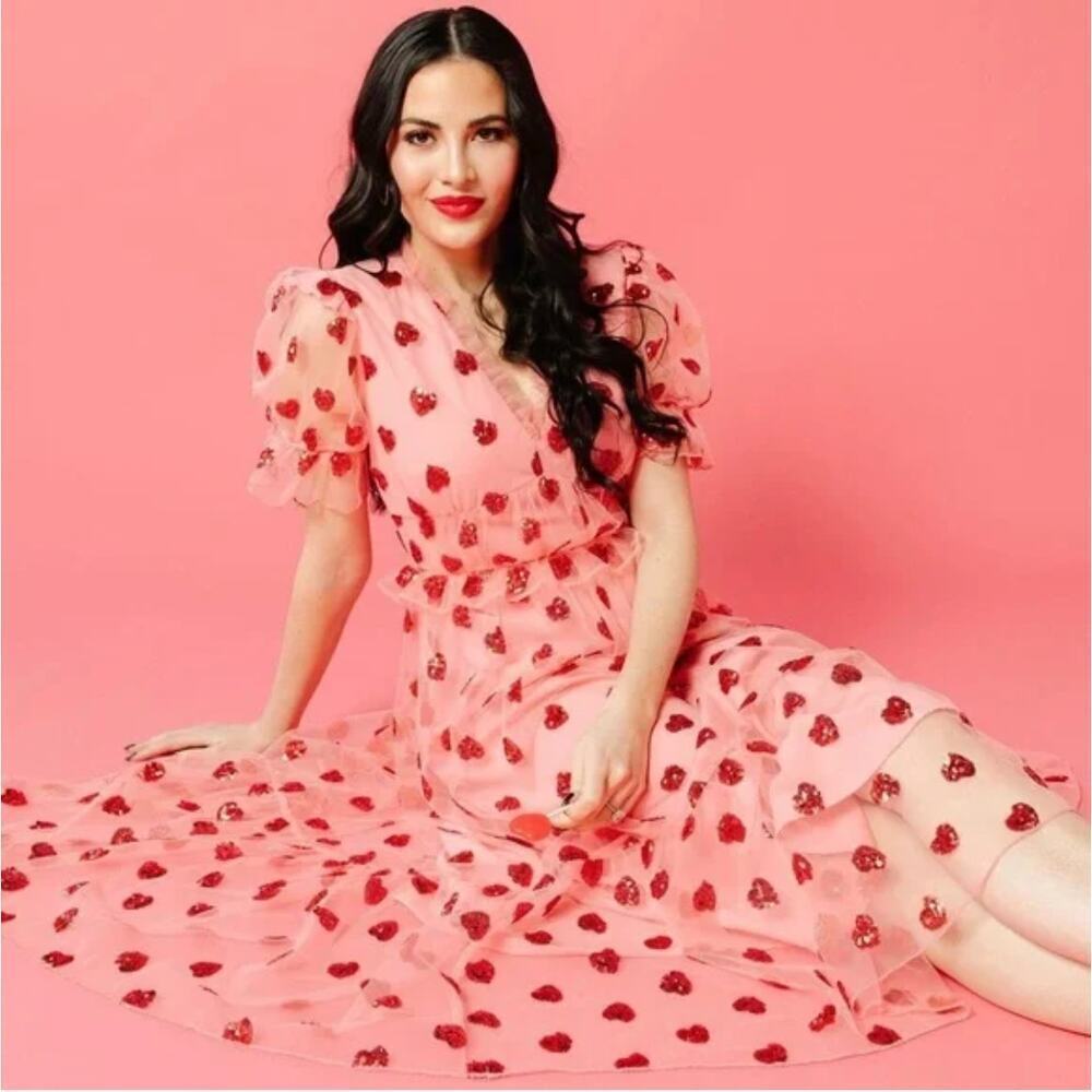 EUC $300 Rachel Parcell Pink Sequin Heart Tulle Midi Dress